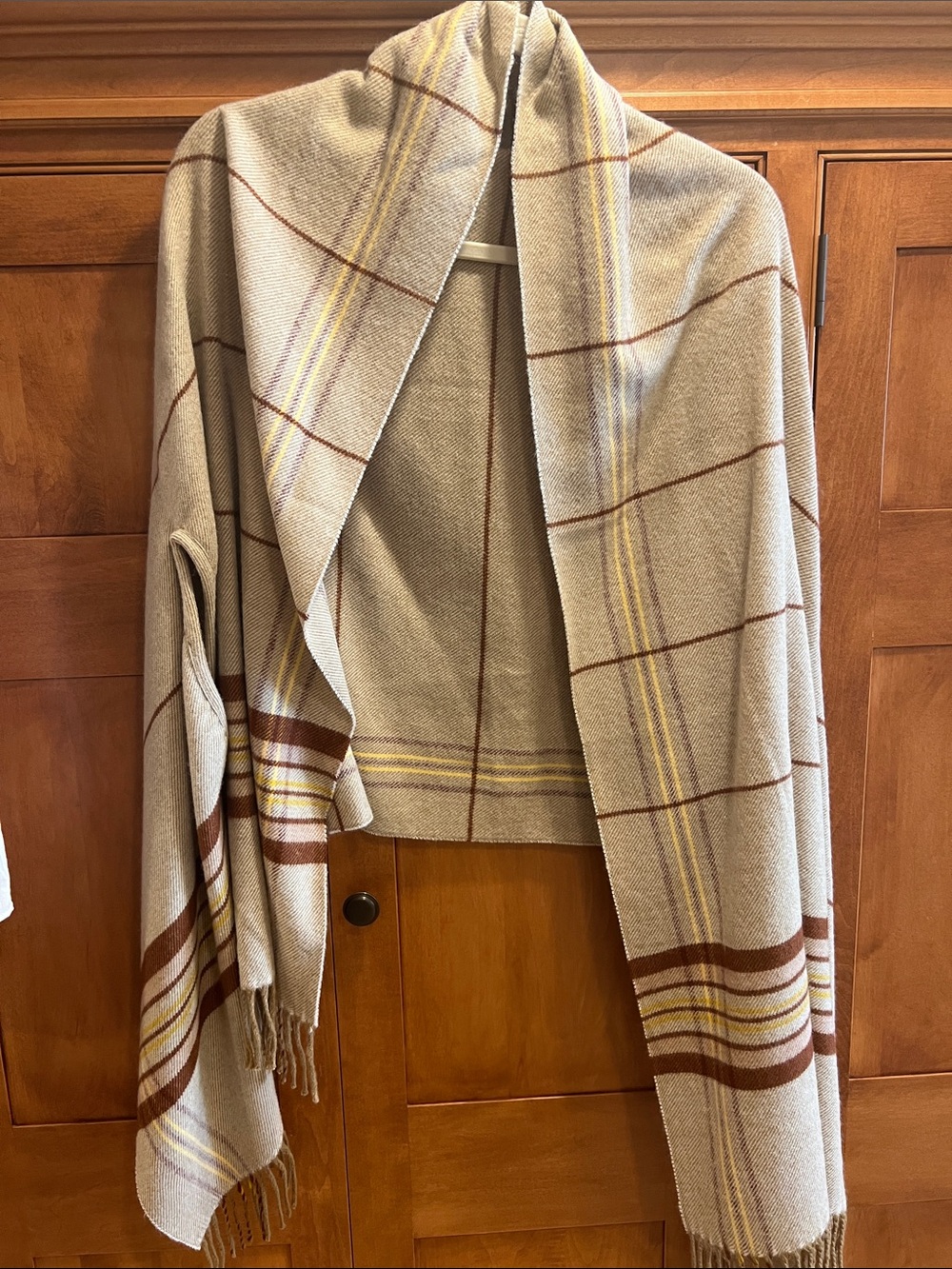 Madewell Beige Plaid Fringe Shawl Wrap